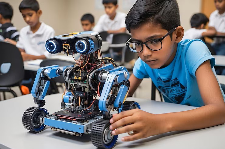 Students working on a robot