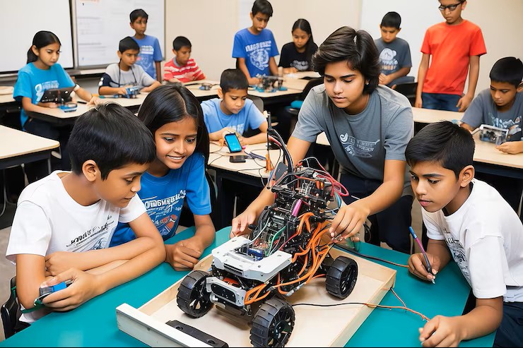 Teacher assisting a student with robotics
